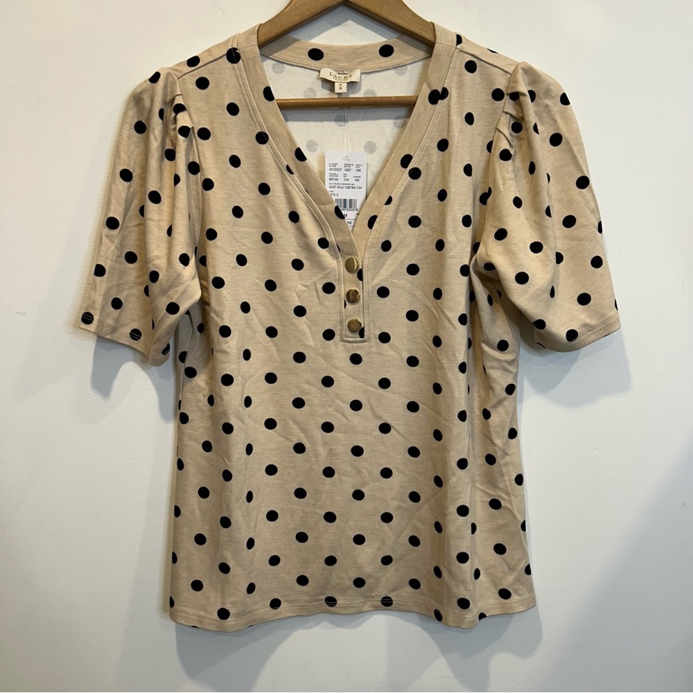Laura Polka Dot V-Neck Top Tan Black - Picture 6 of 12